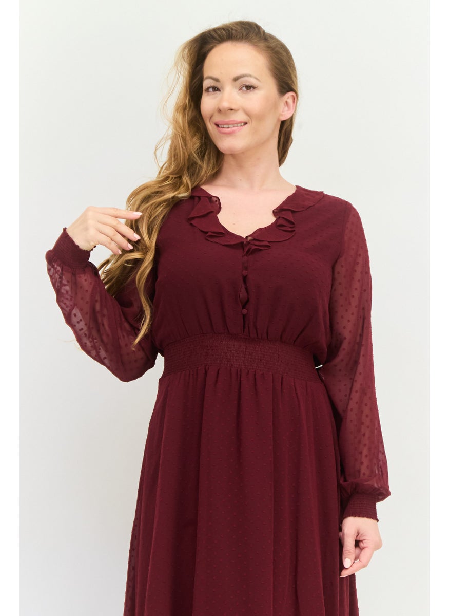 Women Textured Maxi Dress, Dark Maroon