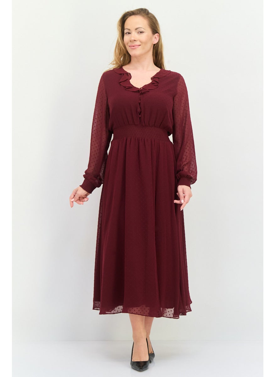 Women Textured Maxi Dress, Dark Maroon