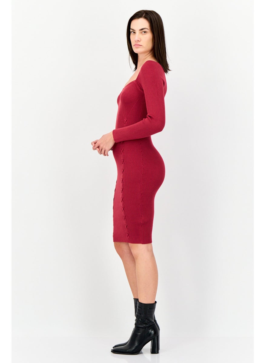 Women Textured Casual Midi Dress, Maroon