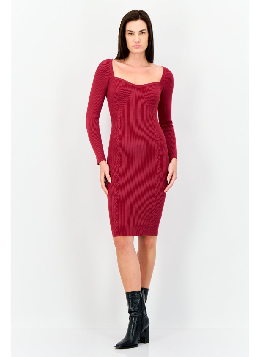 Women Textured Casual Midi Dress, Maroon