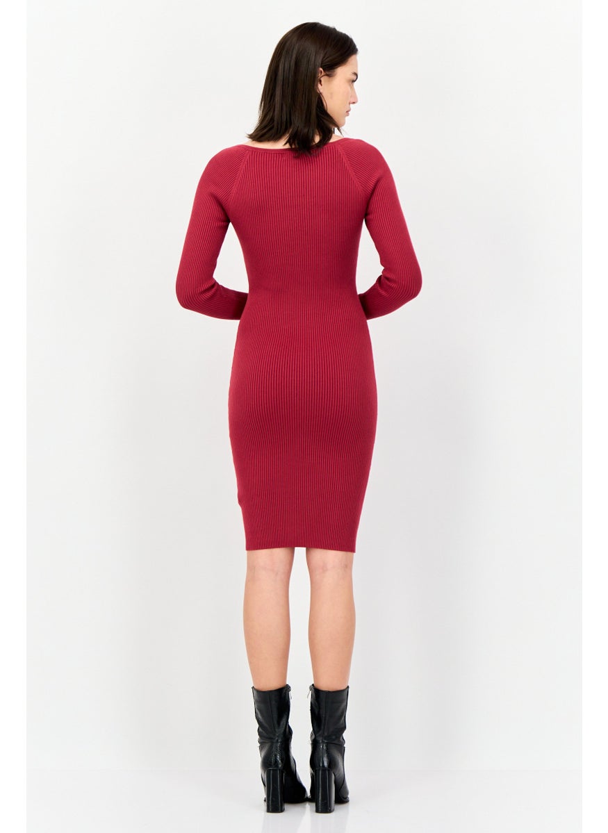 Women Textured Casual Midi Dress, Maroon