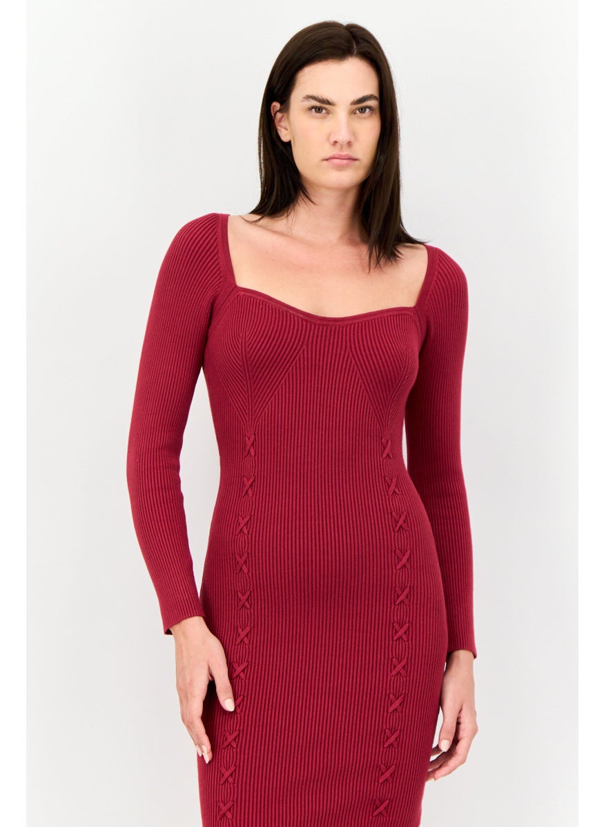 Women Textured Casual Midi Dress, Maroon