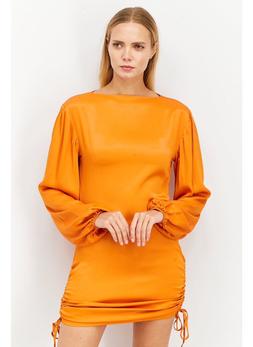 Women Plain Drawstring Mini Dress, Orange