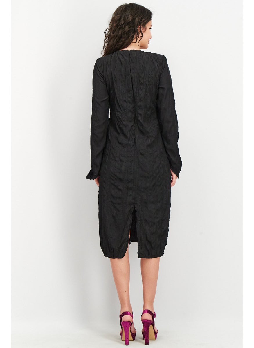 Women Textured Cut Out Long Sleeves Midi Dress, Black