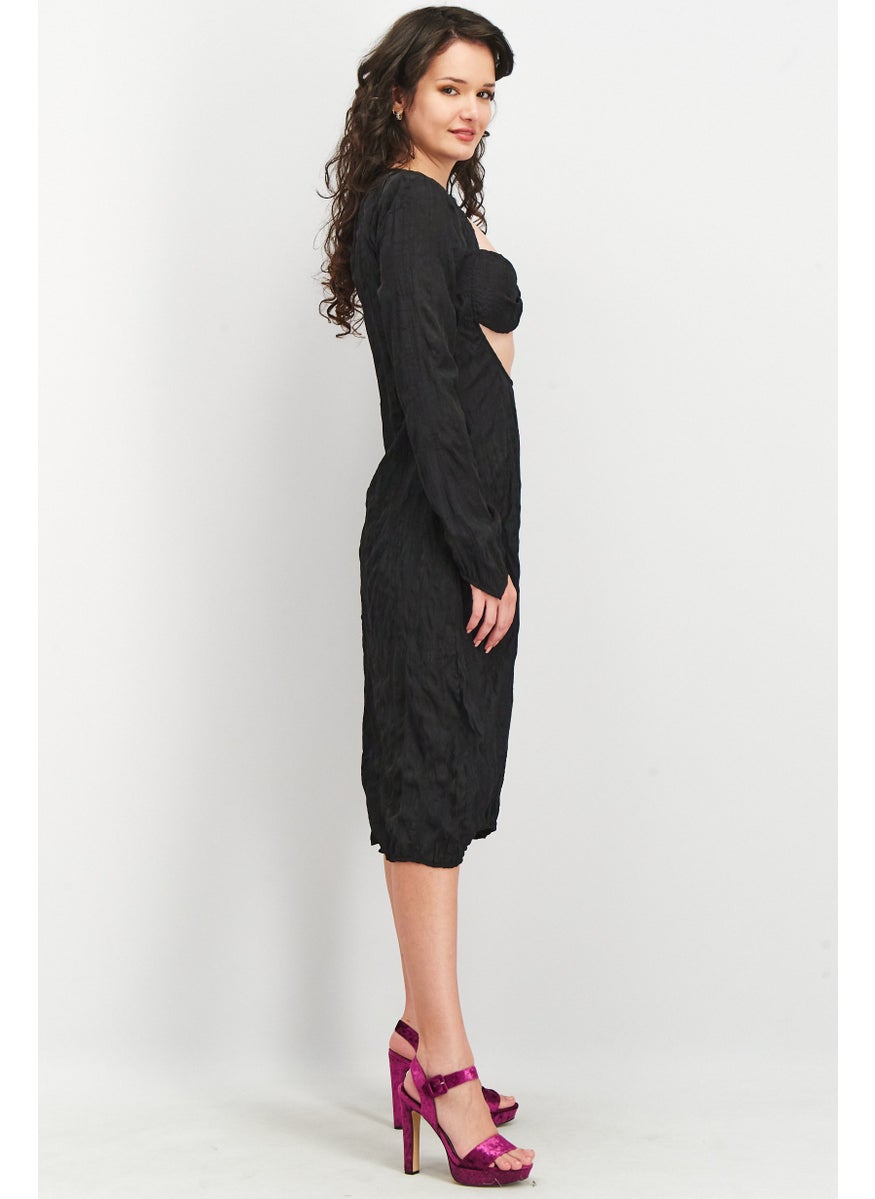 Women Textured Cut Out Long Sleeves Midi Dress, Black