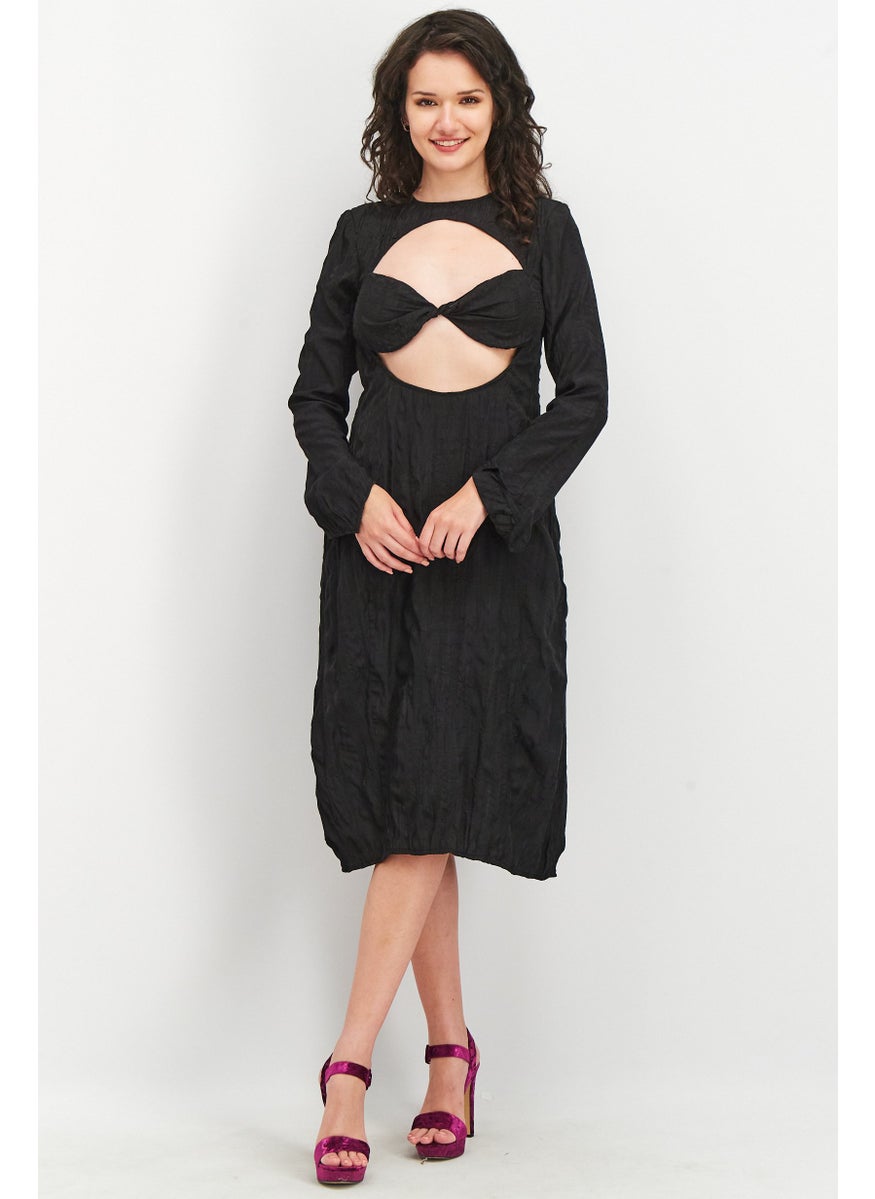 Women Textured Cut Out Long Sleeves Midi Dress, Black
