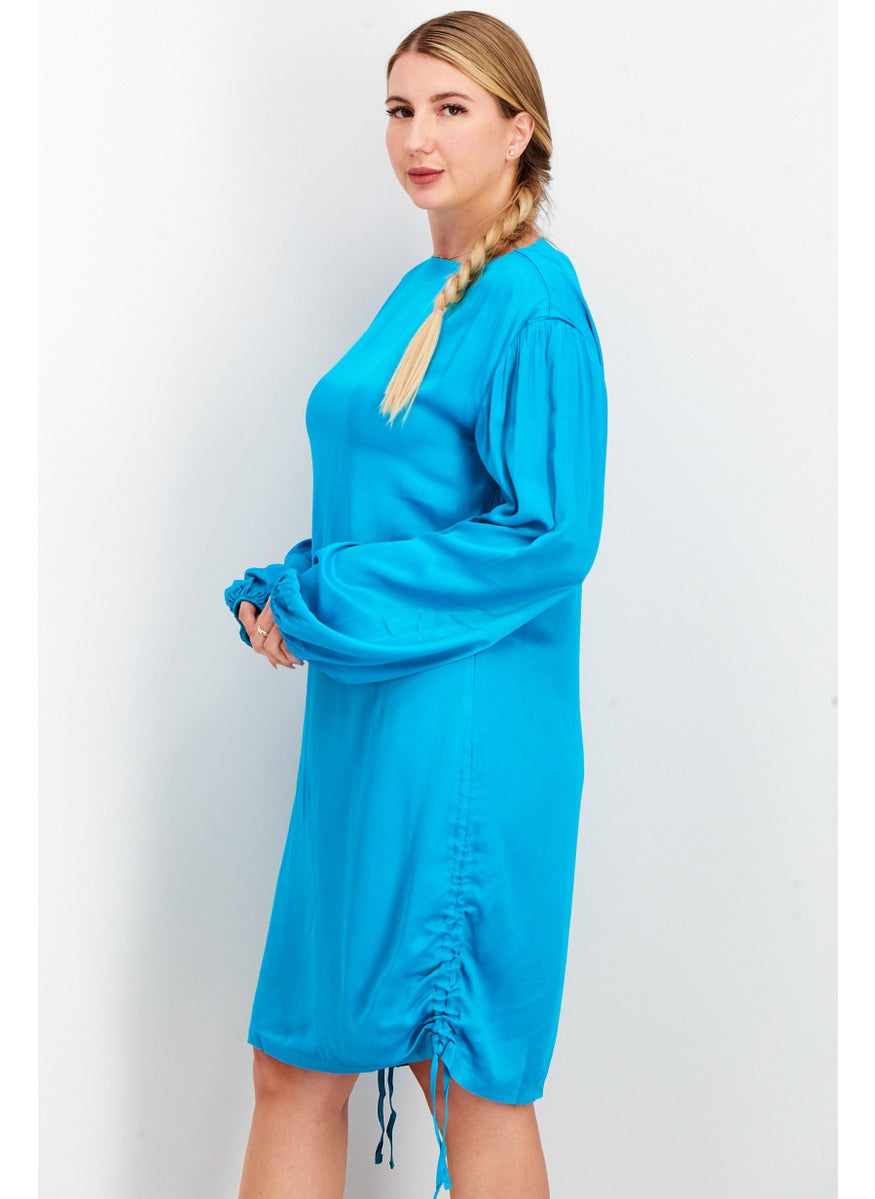 Women Plain Drawstring Mini Dress, Turquoise