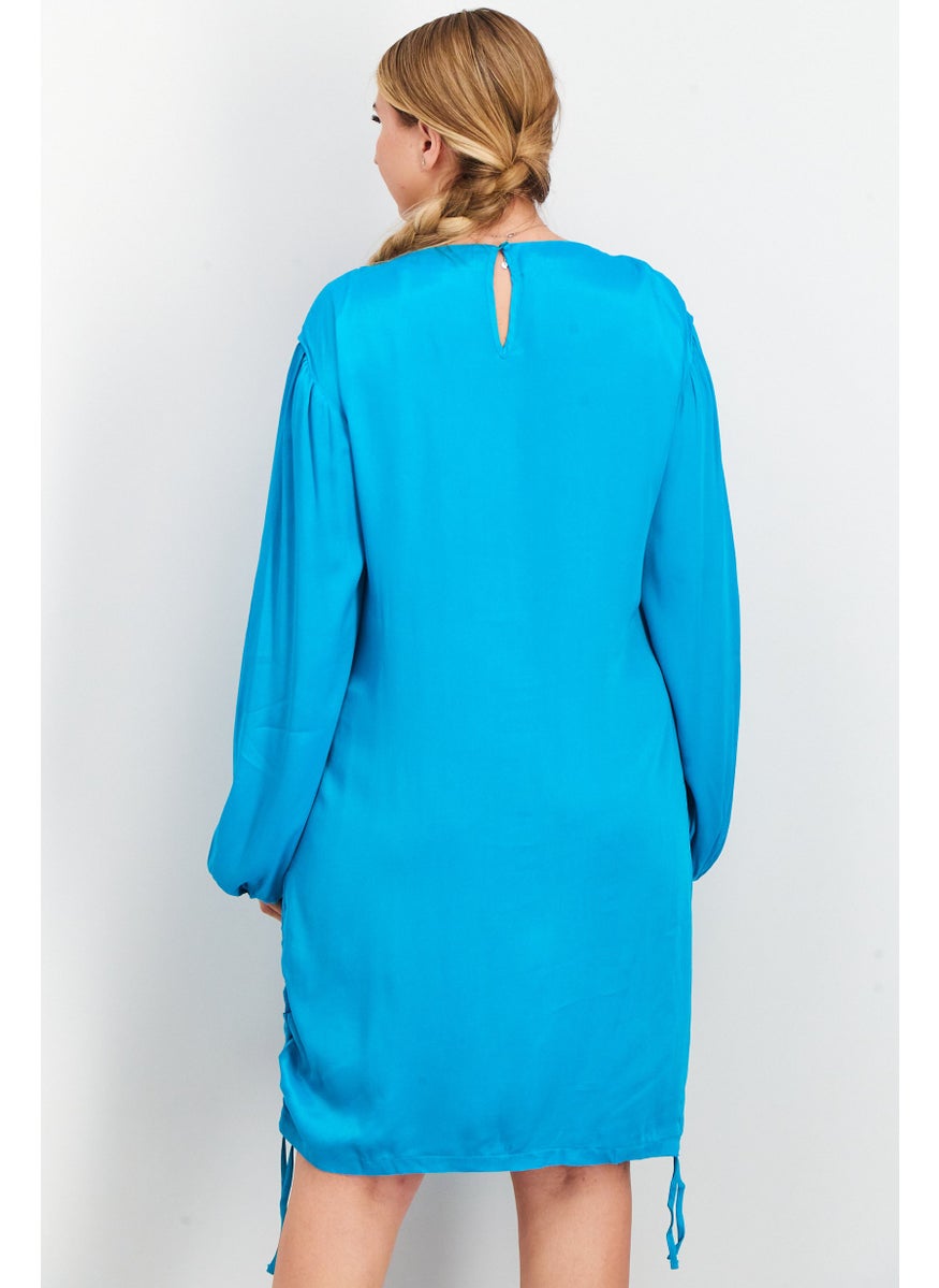 Women Plain Drawstring Mini Dress, Turquoise