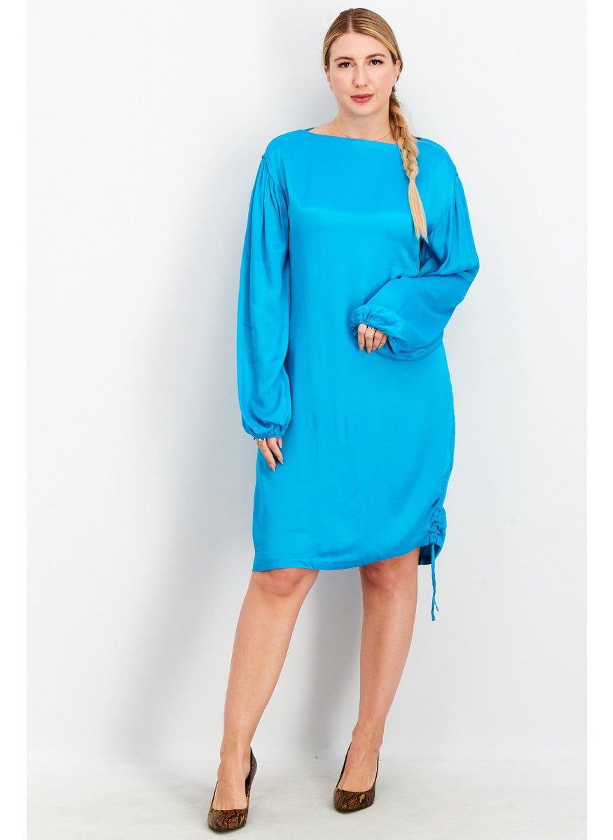 Women Plain Drawstring Mini Dress, Turquoise