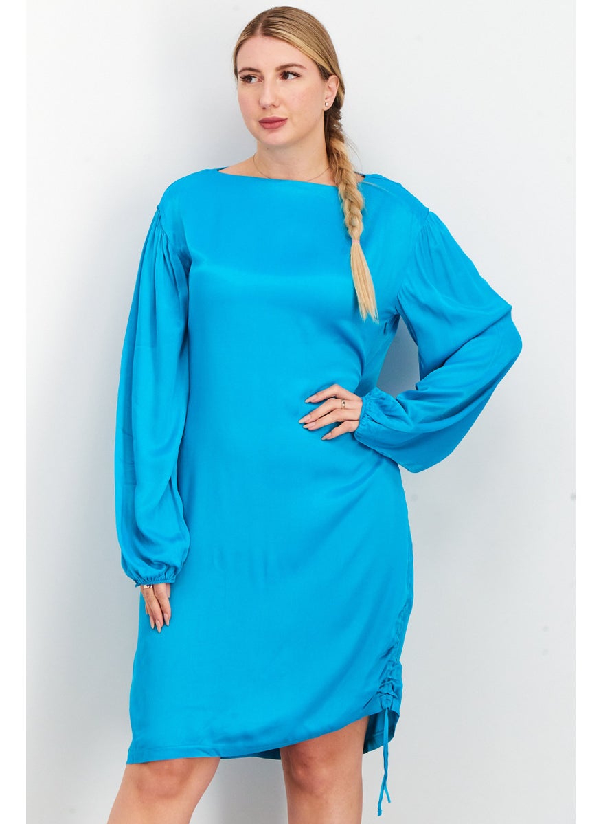 Women Plain Drawstring Mini Dress, Turquoise