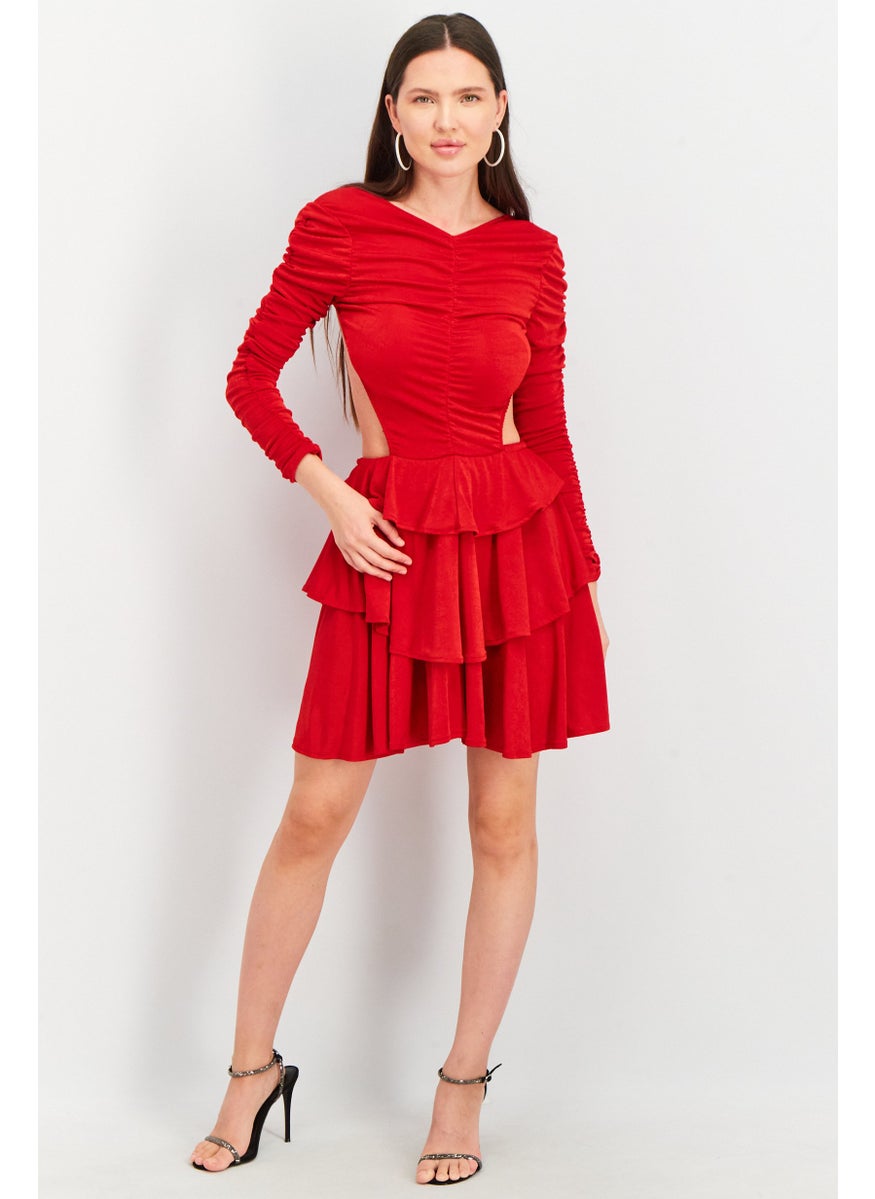 Women Textured Mini Dress, Red