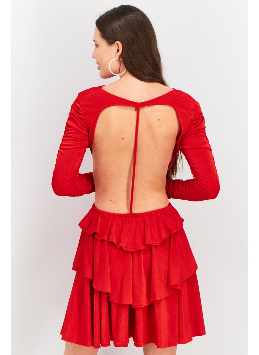 Women Textured Mini Dress, Red