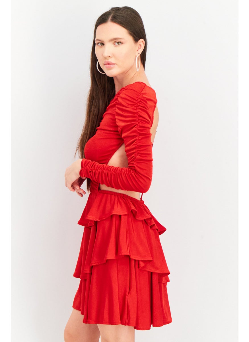 Women Textured Mini Dress, Red