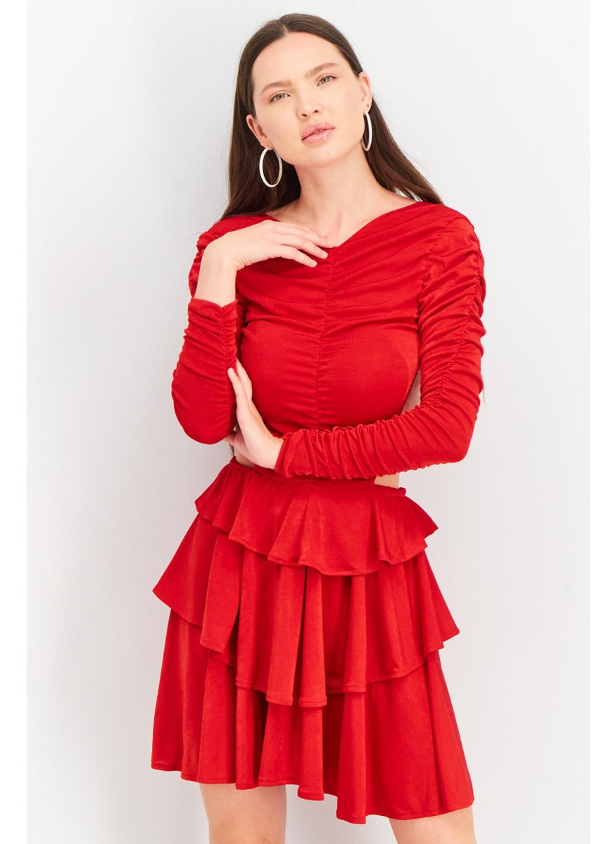 Women Textured Mini Dress, Red