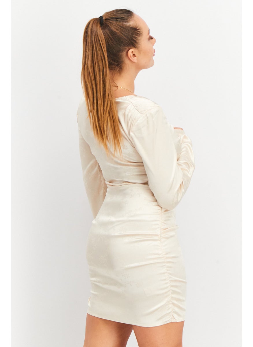 Women Jacquard Long Sleeve Mini Dress, Champagne