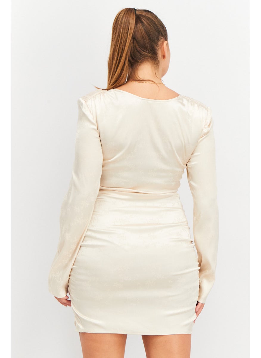 Women Jacquard Long Sleeve Mini Dress, Champagne