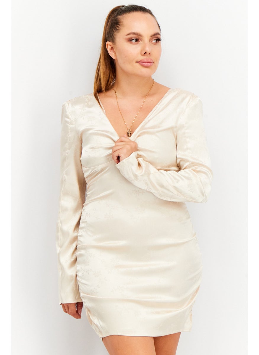 Women Jacquard Long Sleeve Mini Dress, Champagne