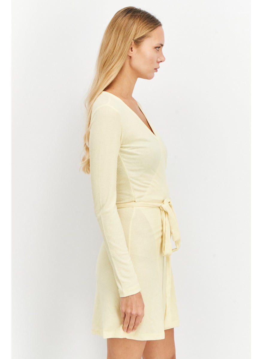 Women Overlap Tie Ribbed Mini Dress, Yellow