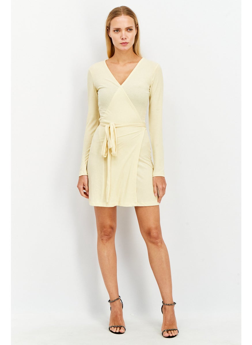 Women Overlap Tie Ribbed Mini Dress, Yellow