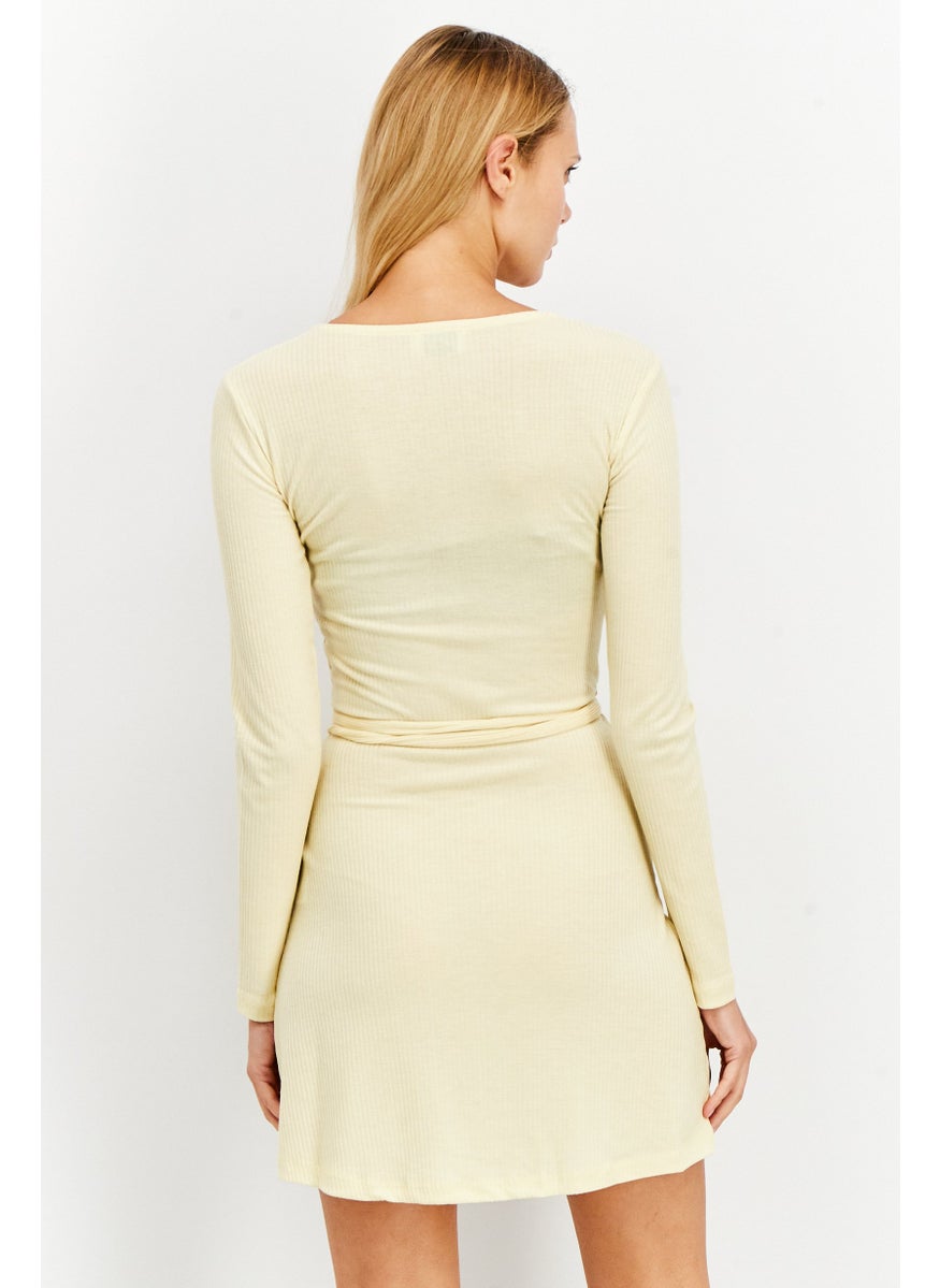 Women Overlap Tie Ribbed Mini Dress, Yellow