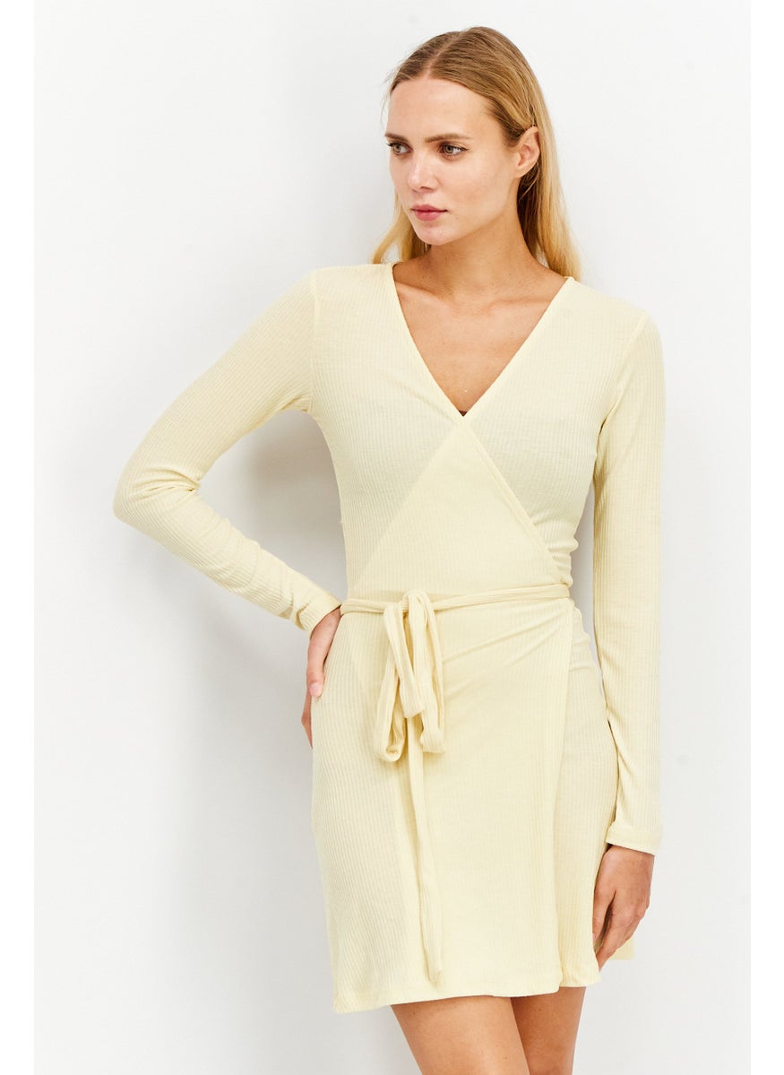 Women Overlap Tie Ribbed Mini Dress, Yellow