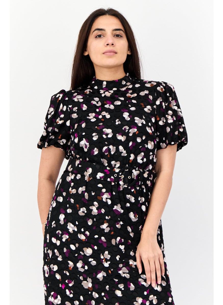 Women Allover Print Belted Midi Dress, Black
