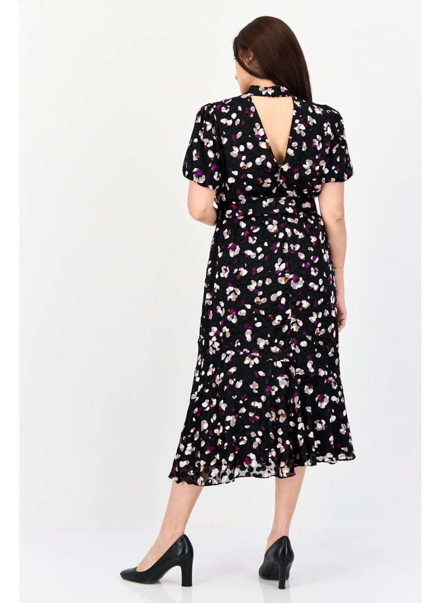 Women Allover Print Belted Midi Dress, Black