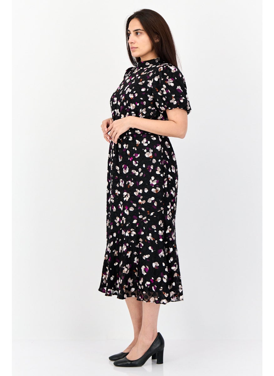 Women Allover Print Belted Midi Dress, Black
