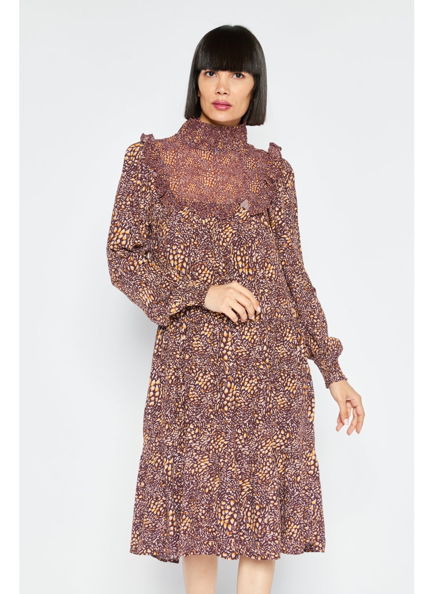 Women High Neck Long Sleeve Abstract Midi Dress, Brown