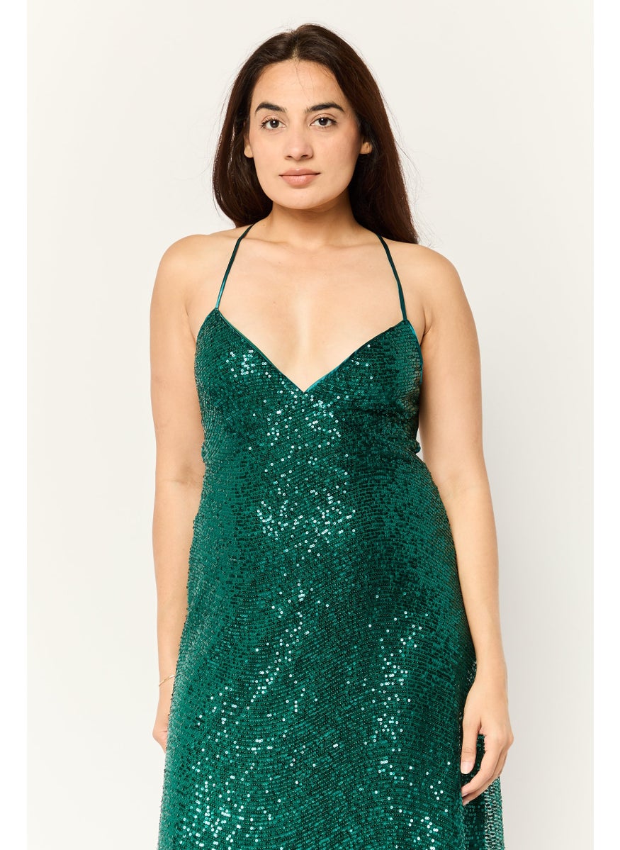 Women Sequins Maxi Dress, Dark Green