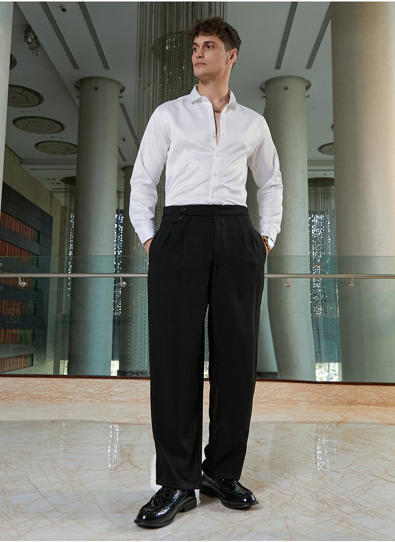 Men's Onyx Black Pleated Extended-Button Trousers