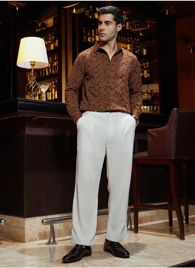 Men's Cream White Waffle-Pleated Straight Trousers
