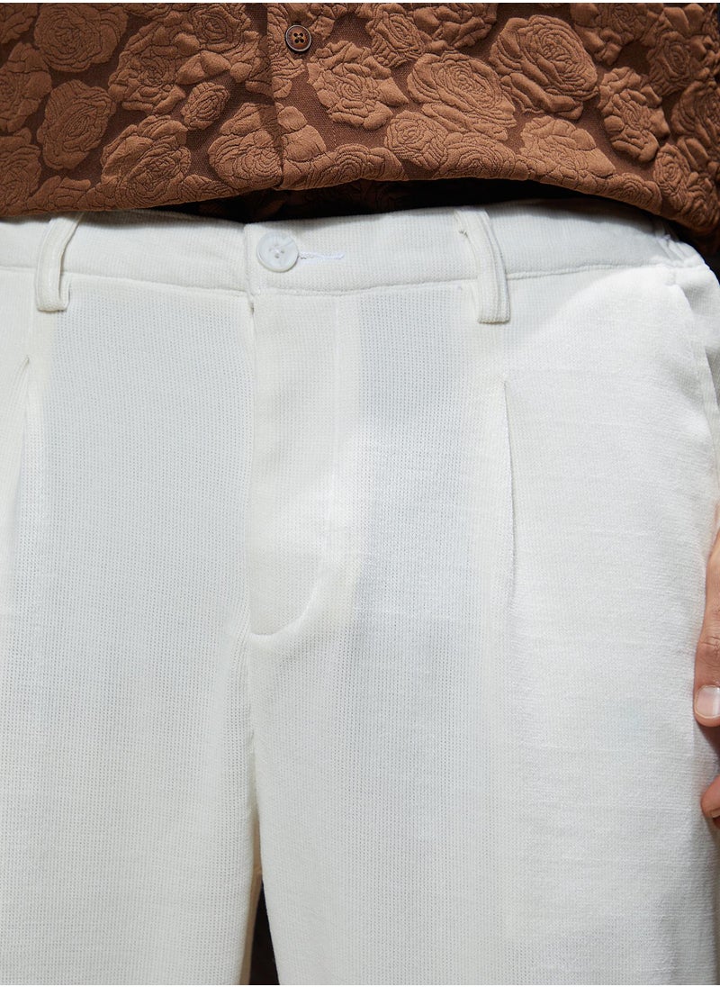 Men's Cream White Waffle-Pleated Straight Trousers