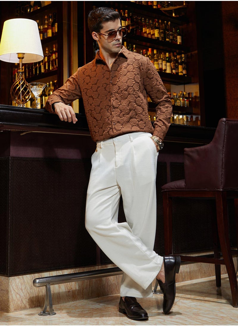 Men's Cream White Waffle-Pleated Straight Trousers