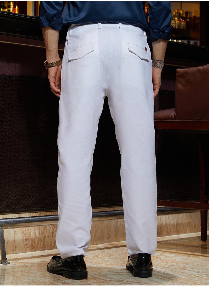 Men's Cream White Ribbed-Pleated Chino Trousers
