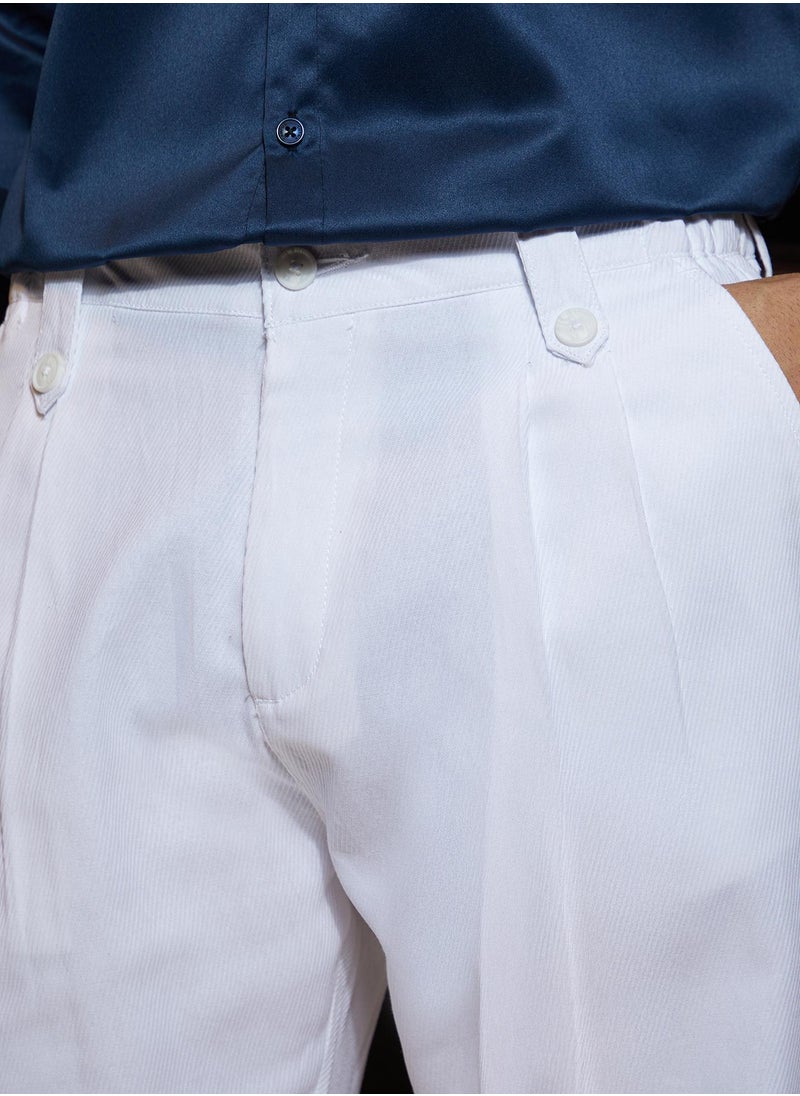 Men's Cream White Ribbed-Pleated Chino Trousers