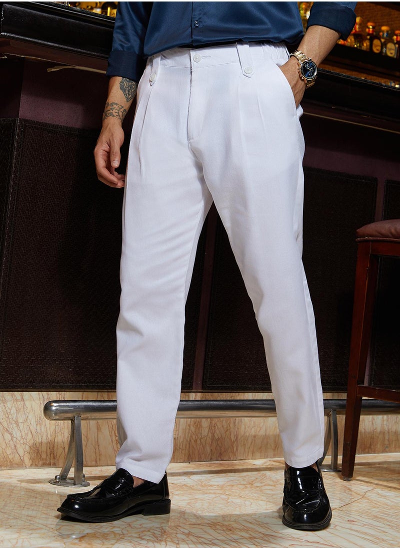 Men's Cream White Ribbed-Pleated Chino Trousers
