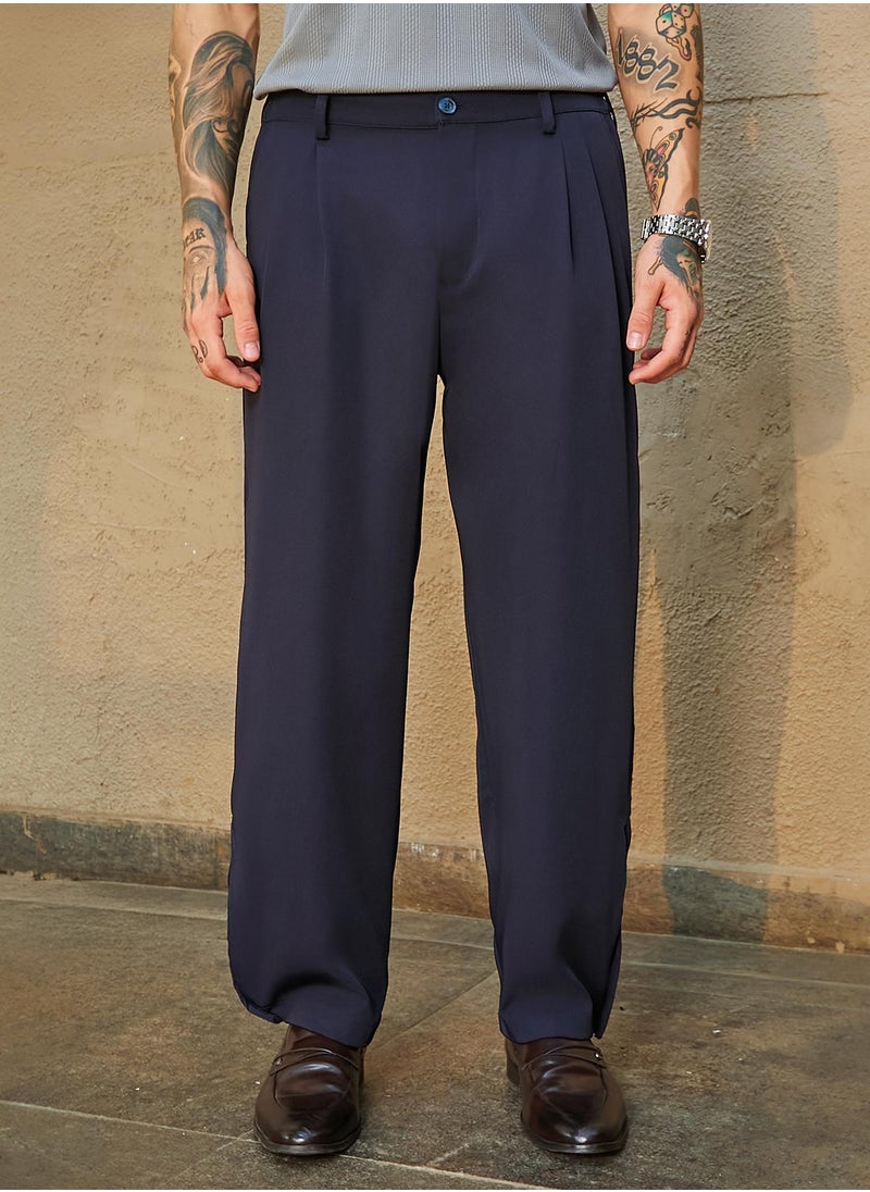 Men's Midnight Black Straight-Cuffed Pleated Trousers