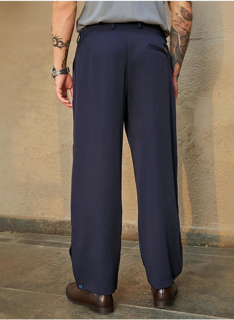 Men's Midnight Black Straight-Cuffed Pleated Trousers