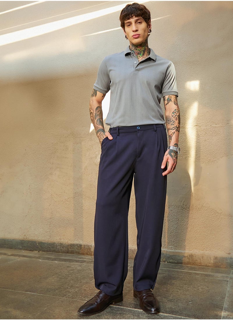 Men's Midnight Black Straight-Cuffed Pleated Trousers