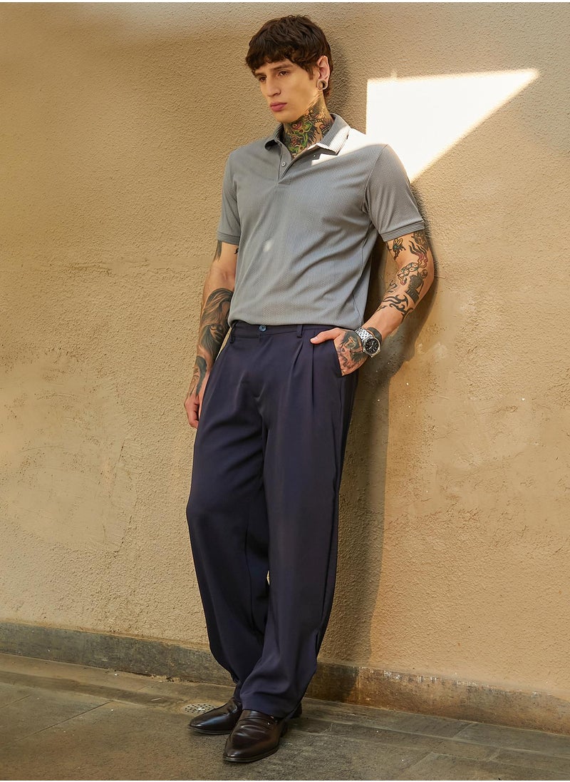 Men's Midnight Black Straight-Cuffed Pleated Trousers