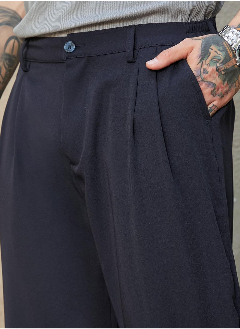 Men's Midnight Black Straight-Cuffed Pleated Trousers