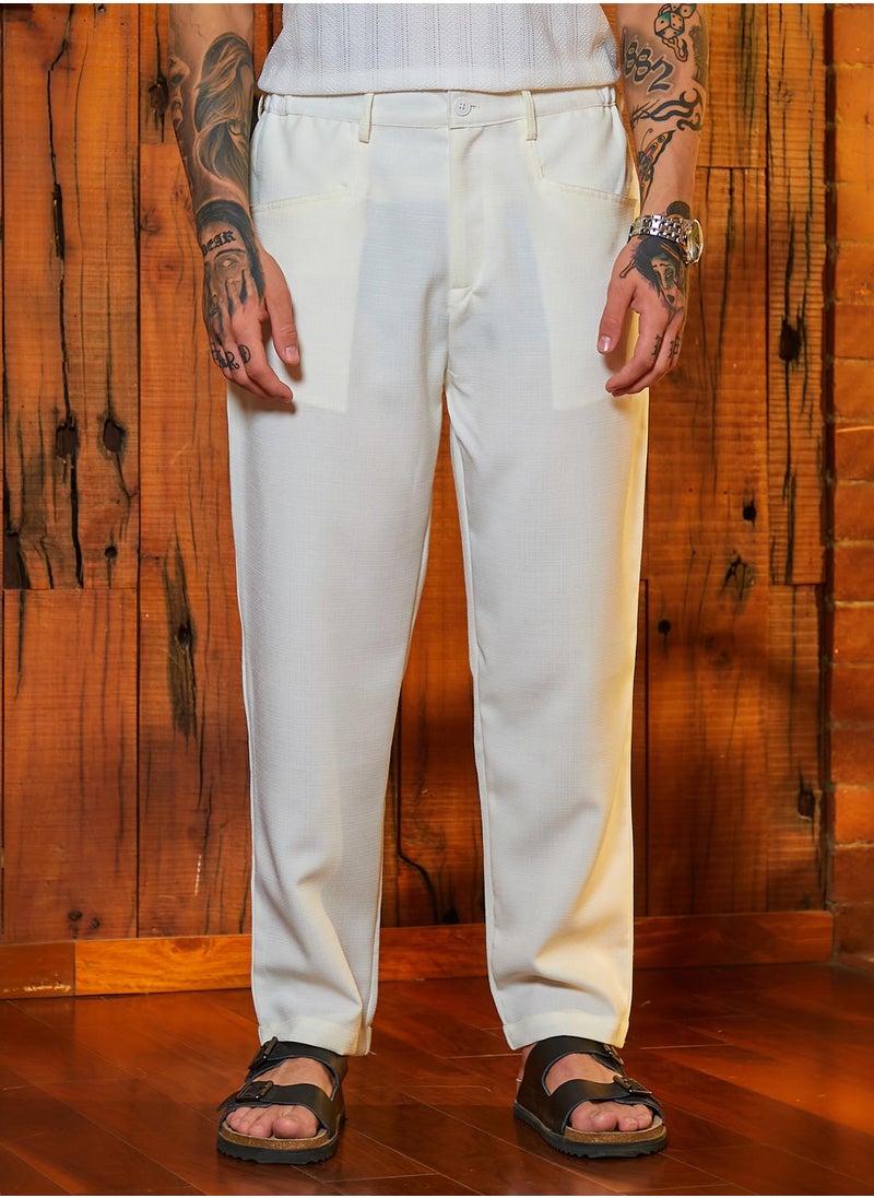 Men's Chalk White Straight Linen-Blend Trousers
