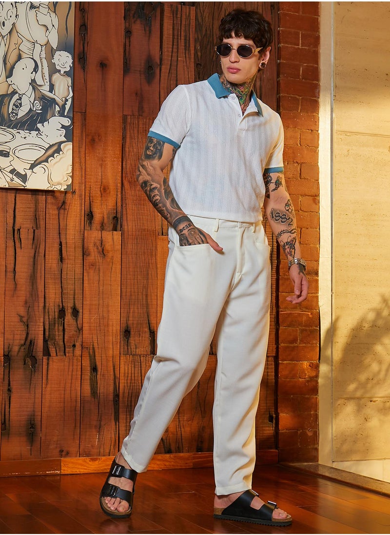 Men's Chalk White Straight Linen-Blend Trousers