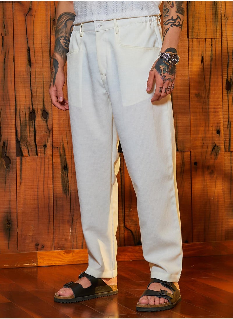 Men's Chalk White Straight Linen-Blend Trousers
