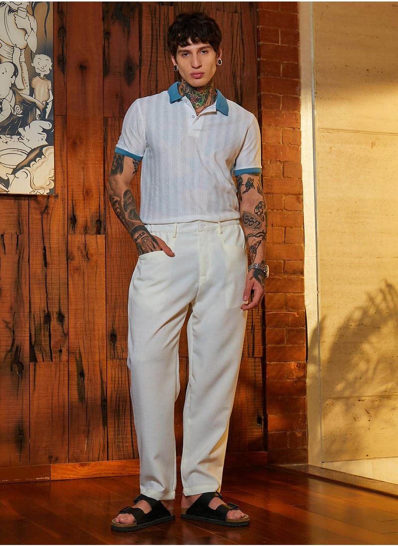 Men's Chalk White Straight Linen-Blend Trousers