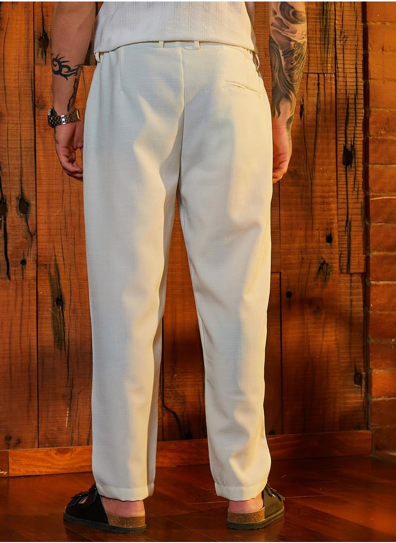 Men's Chalk White Straight Linen-Blend Trousers