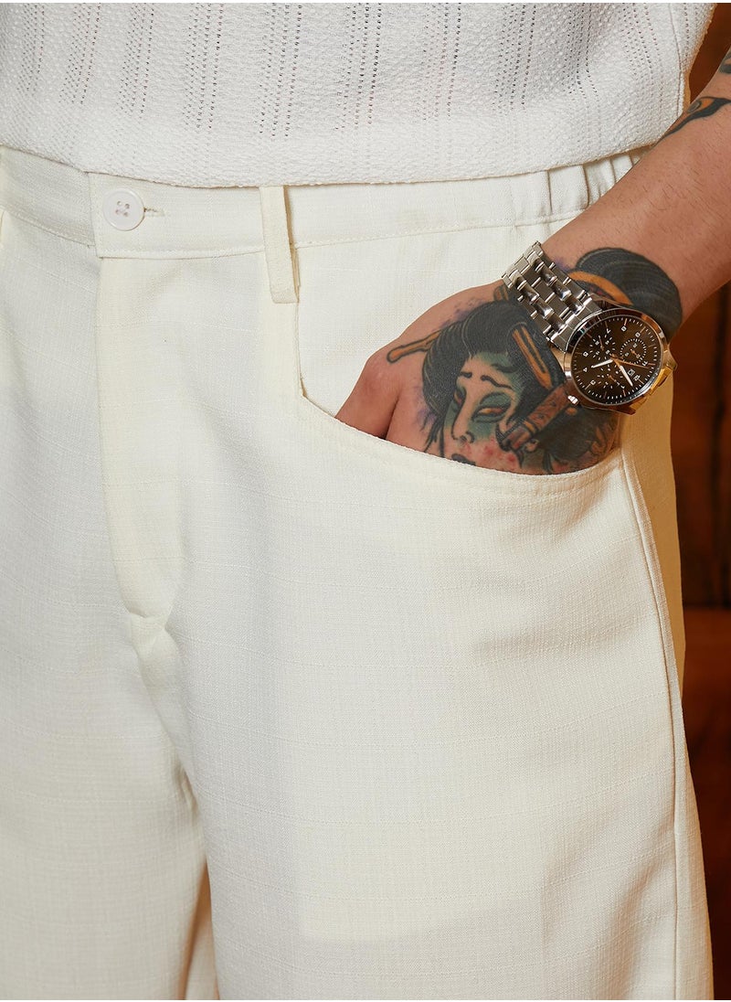 Men's Chalk White Straight Linen-Blend Trousers