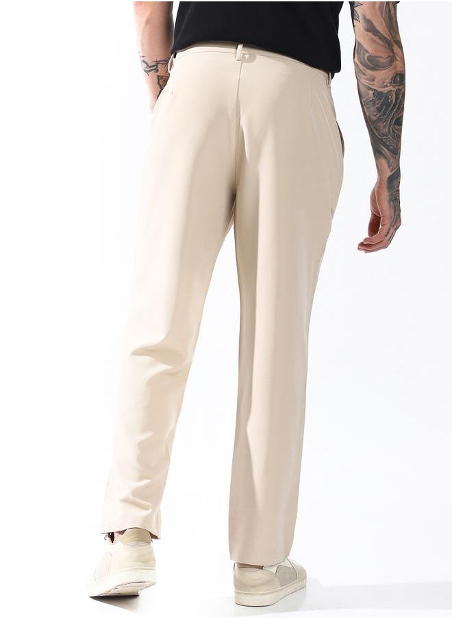 Loose Fit Beige 95% polyester 5% spandex Solid Woven Chinos with Button Closure Full Length - Ideal for Streetwear - A Must-Have for Your Wardrobe!