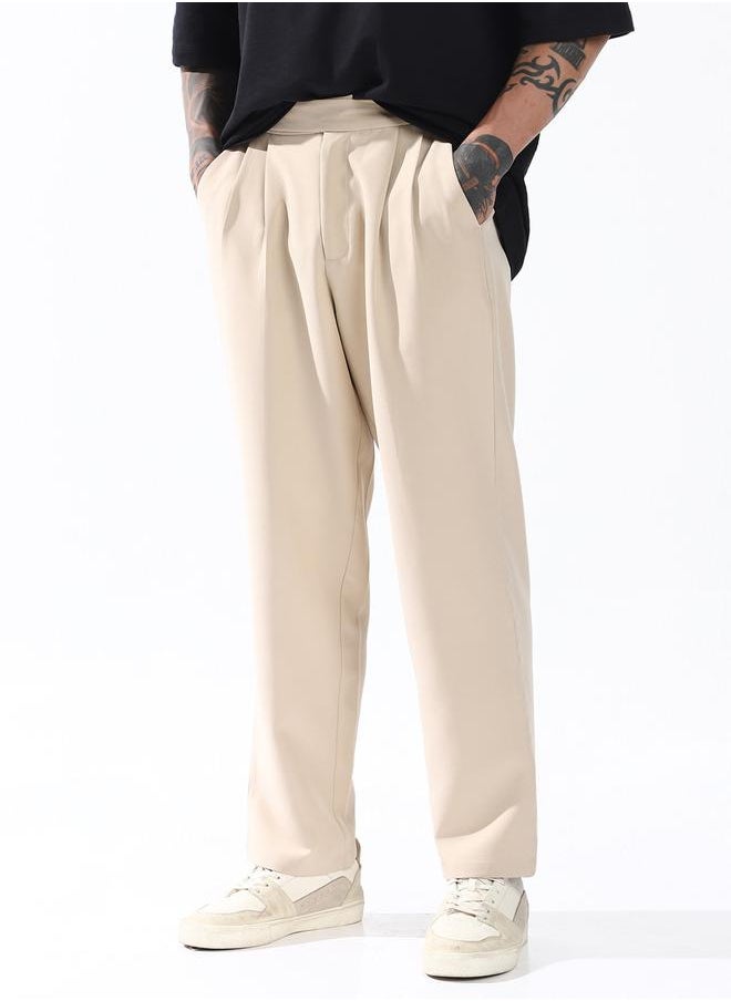 Loose Fit Beige 95% polyester 5% spandex Solid Woven Chinos with Button Closure Full Length - Ideal for Streetwear - A Must-Have for Your Wardrobe!